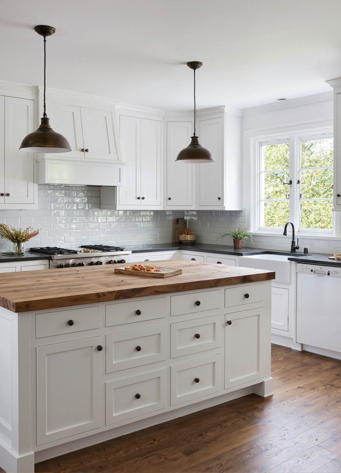 Modern kitchen with matte black cabinet pulls installed on white cabinets